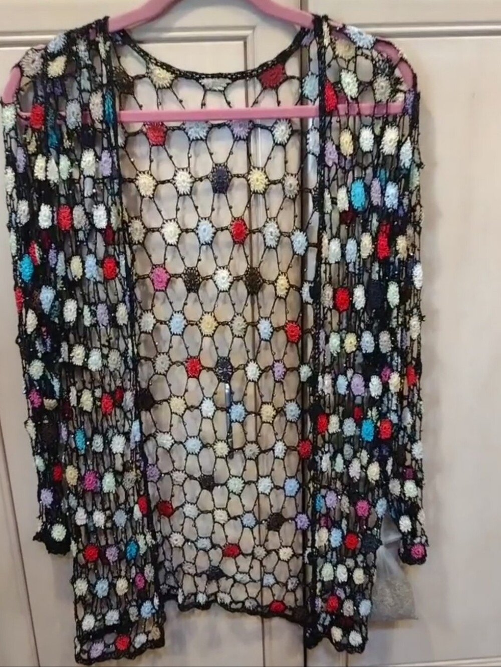 Vintage Black Open Knit Cardigan with Beads Multicolor Pom Accents And